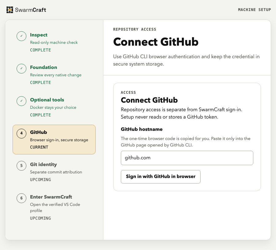Setup GitHub connection step before browser authentication, with no code or credential shown