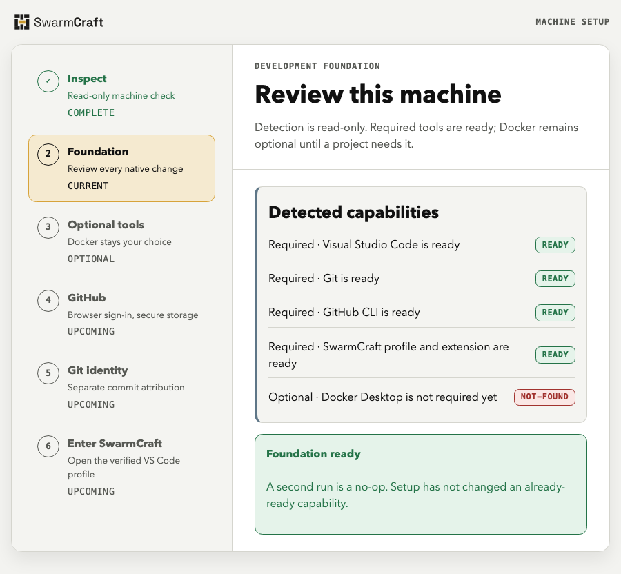 Setup read-only machine review showing required tools ready and Docker as optional