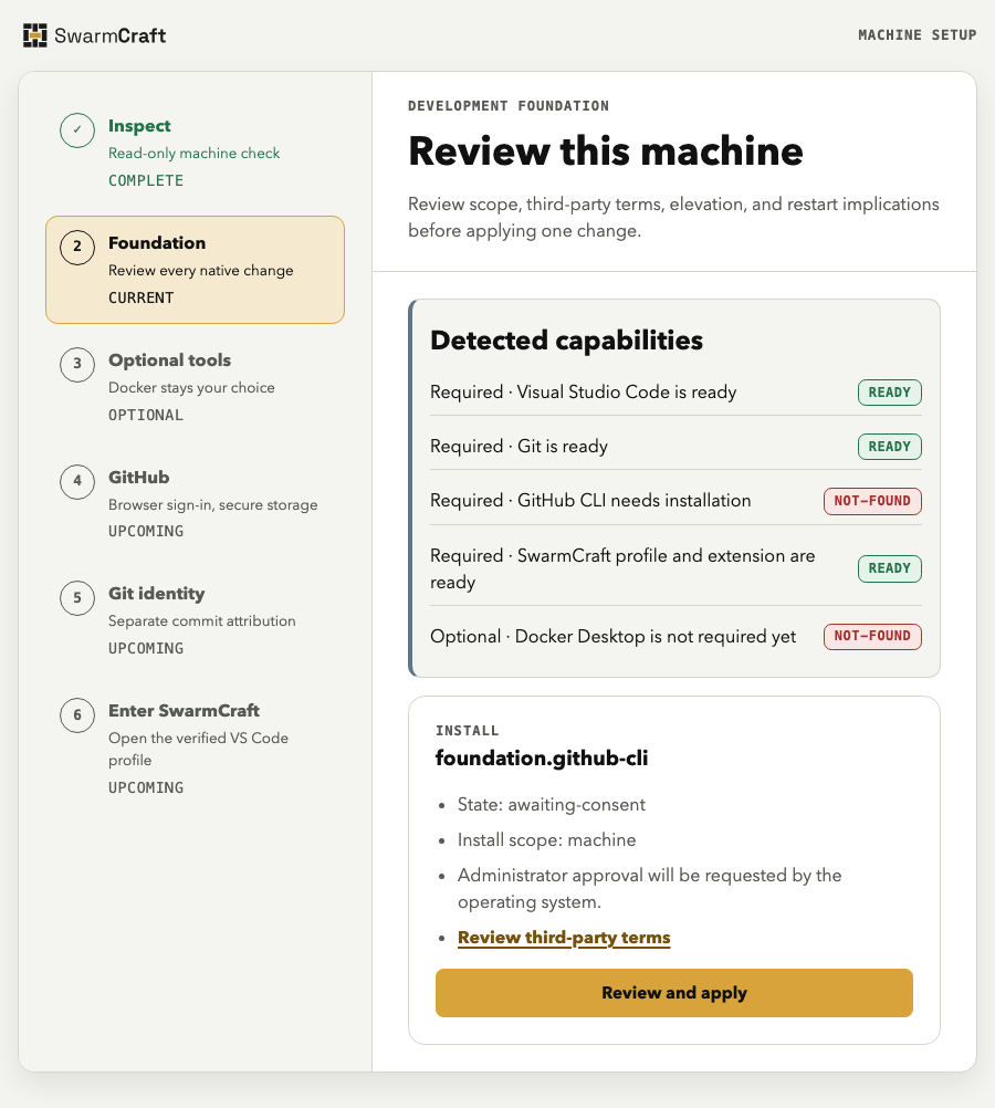 Setup review-and-apply state showing install scope, third-party terms, elevation, and the approved action
