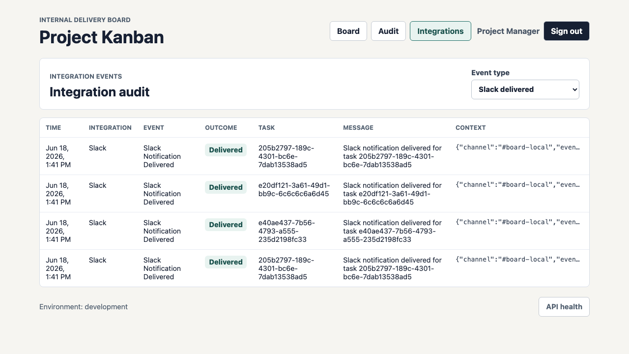 Integration audit screen showing Slack notification delivery records for board movement events