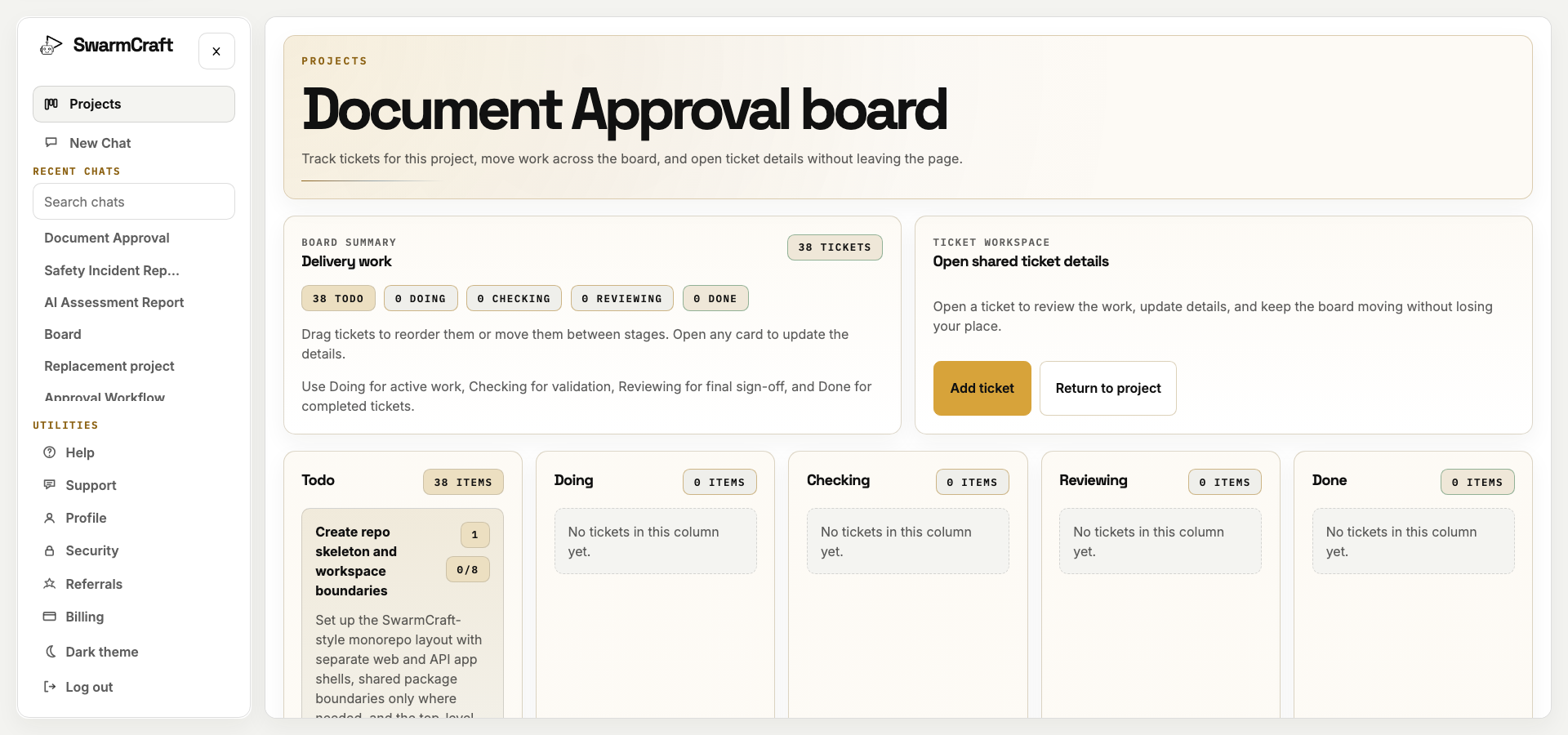 SwarmCraft project board showing the Week 05 document approval workflow tickets before the agent build run