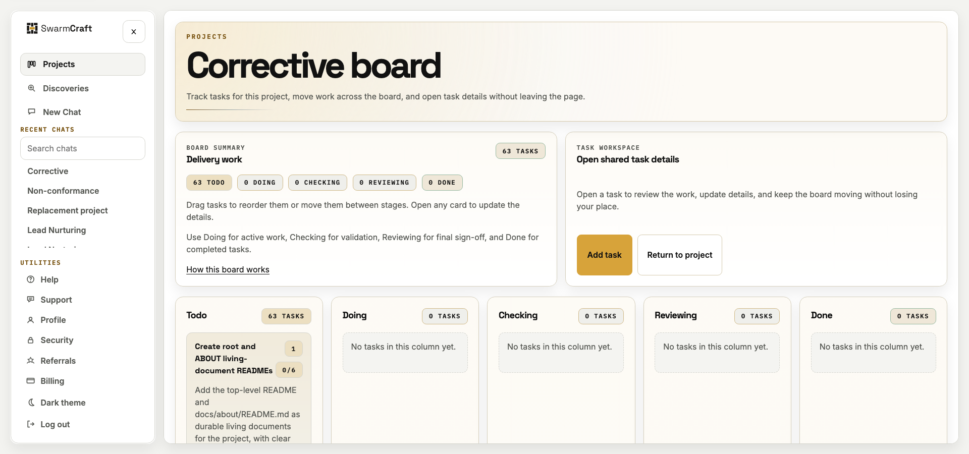 The initial SwarmCraft project board, with the 63 tasks still awaiting implementation