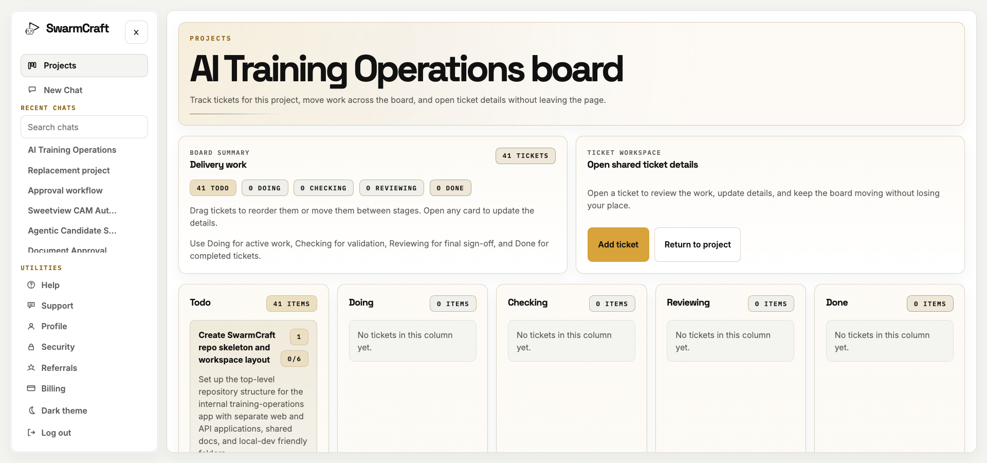 SwarmCraft Week 07 project board showing the 41-ticket AI Training Operations implementation plan before the build lane ran