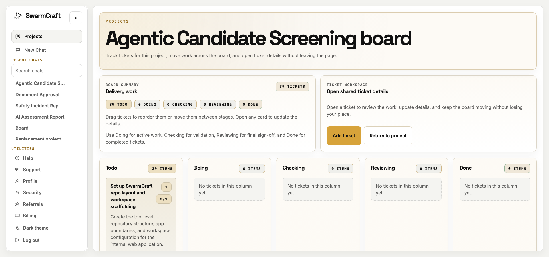 SwarmCraft project board showing the Week 06 Agentic Candidate Screening tickets before the agent build run