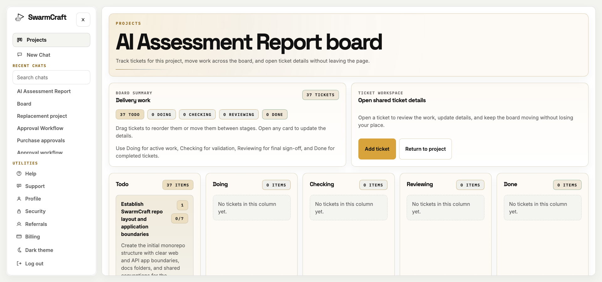 SwarmCraft project board showing the Week 03 AI assessment report workflow tickets before the agent build run