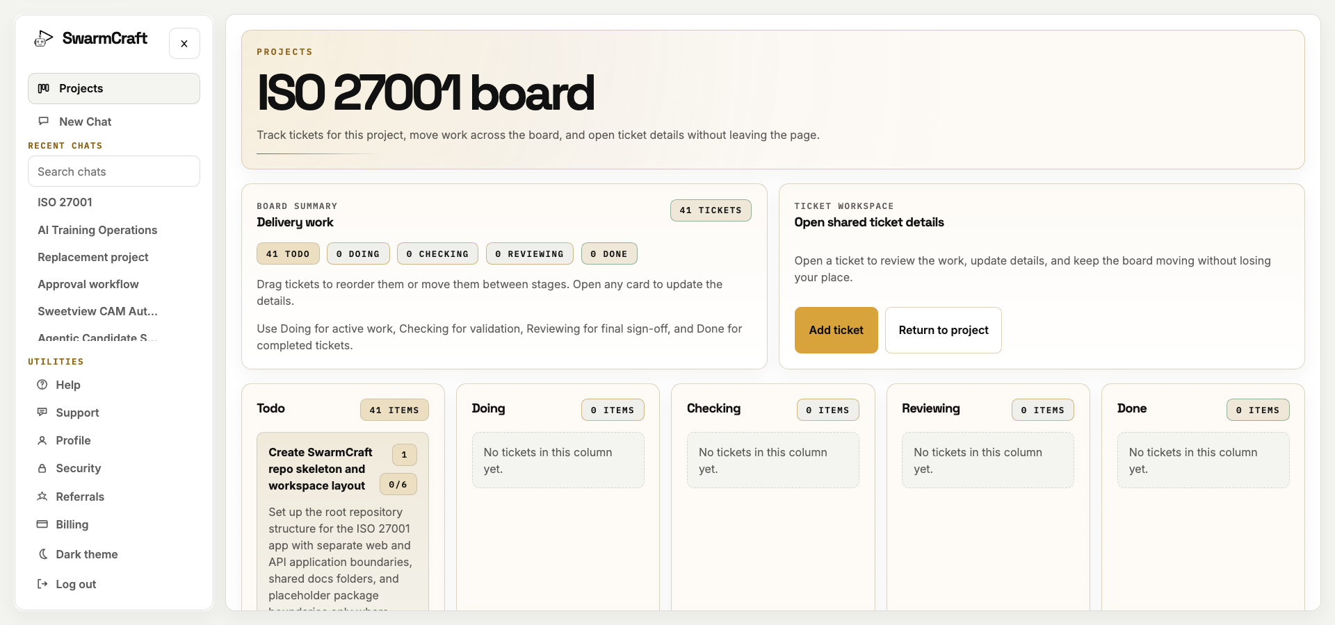 SwarmCraft Week 08 project board showing the 41-ticket ISO 27001 compliance operations implementation plan