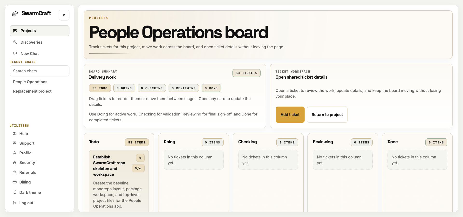SwarmCraft Week 10 project board showing the 53-ticket people operations implementation plan
