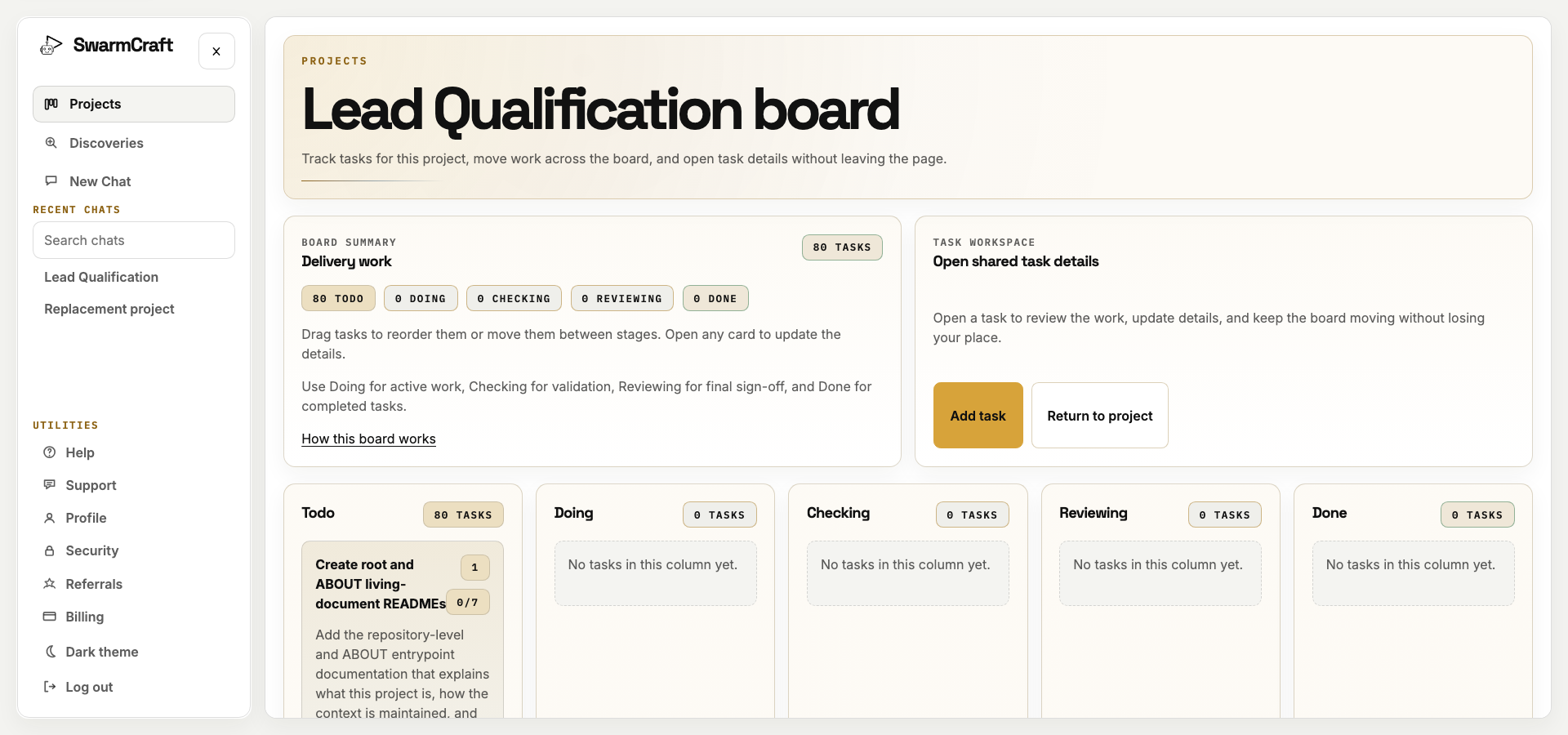 The initial 80-task SwarmCraft Lead Qualification project board