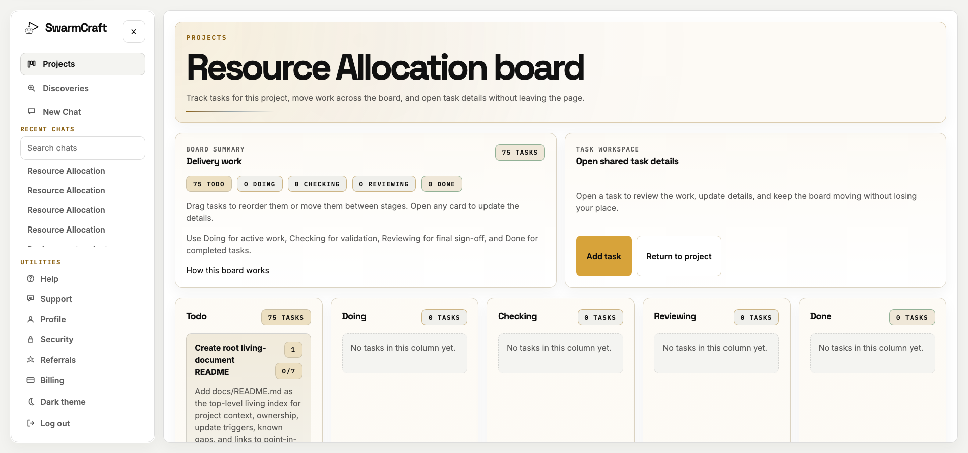 SwarmCraft Resource Allocation project board showing the initial 75-ticket implementation plan