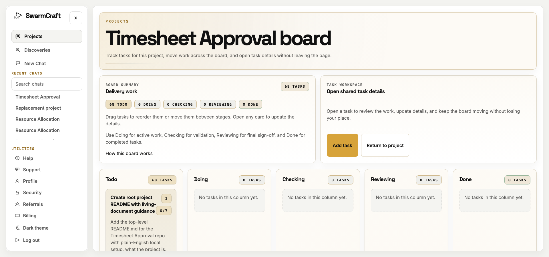SwarmCraft Timesheet Approval project board showing the initial 68-task implementation plan