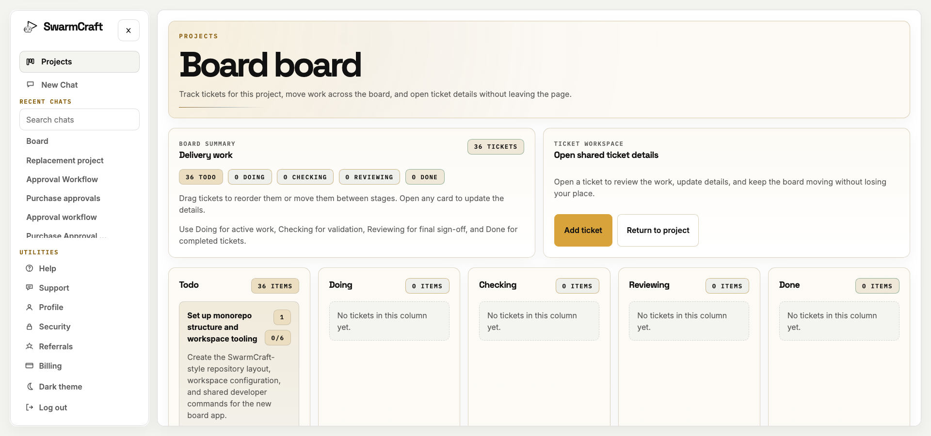 SwarmCraft project board showing the Week 02 Kanban workflow tickets before the agent build run