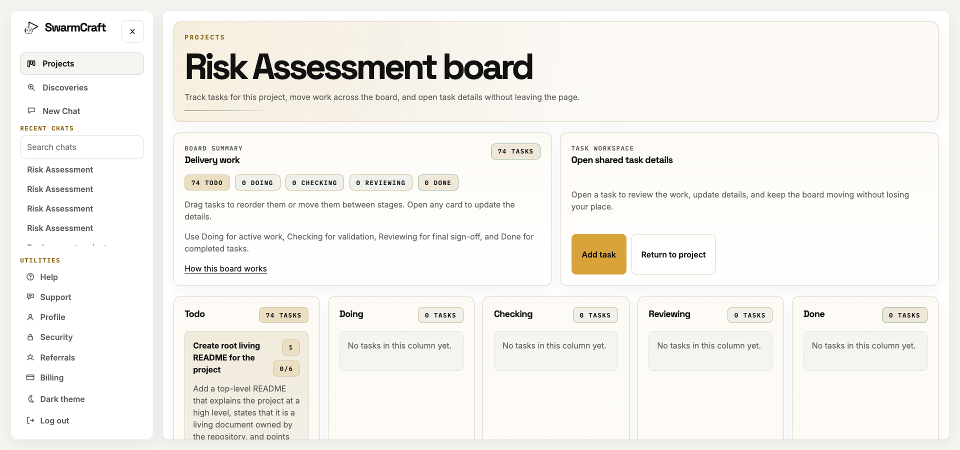 The initial 74-task SwarmCraft Risk Assessment project board