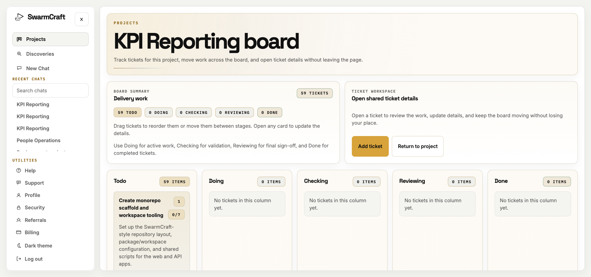 SwarmCraft KPI Reporting project board showing the initial 59-ticket implementation plan