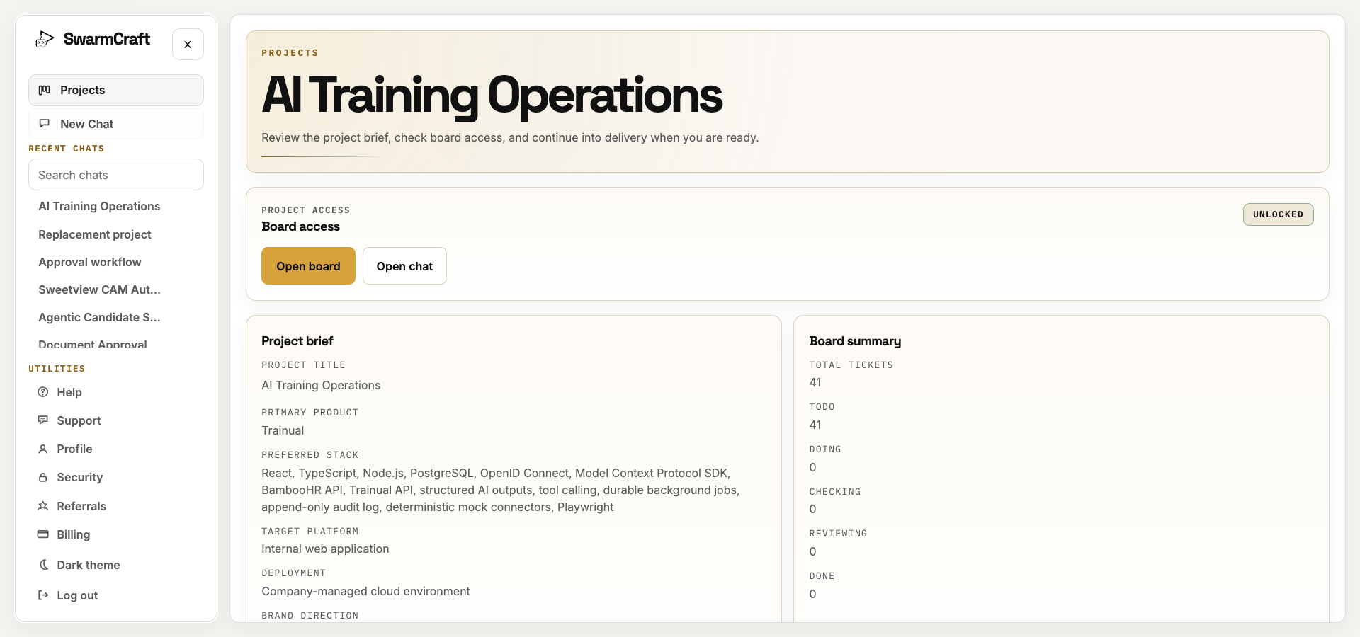 SwarmCraft project ready screen for the AI Training Operations scenario, showing Trainual as the source product and the internal web application boundary