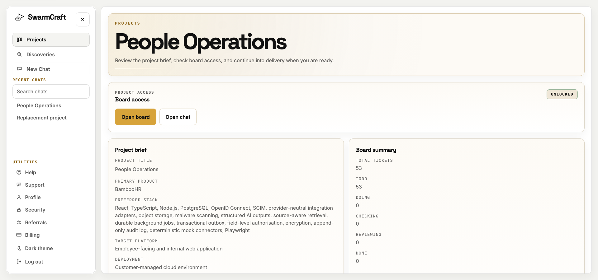 SwarmCraft project ready screen for the Week 10 owned people operations scenario