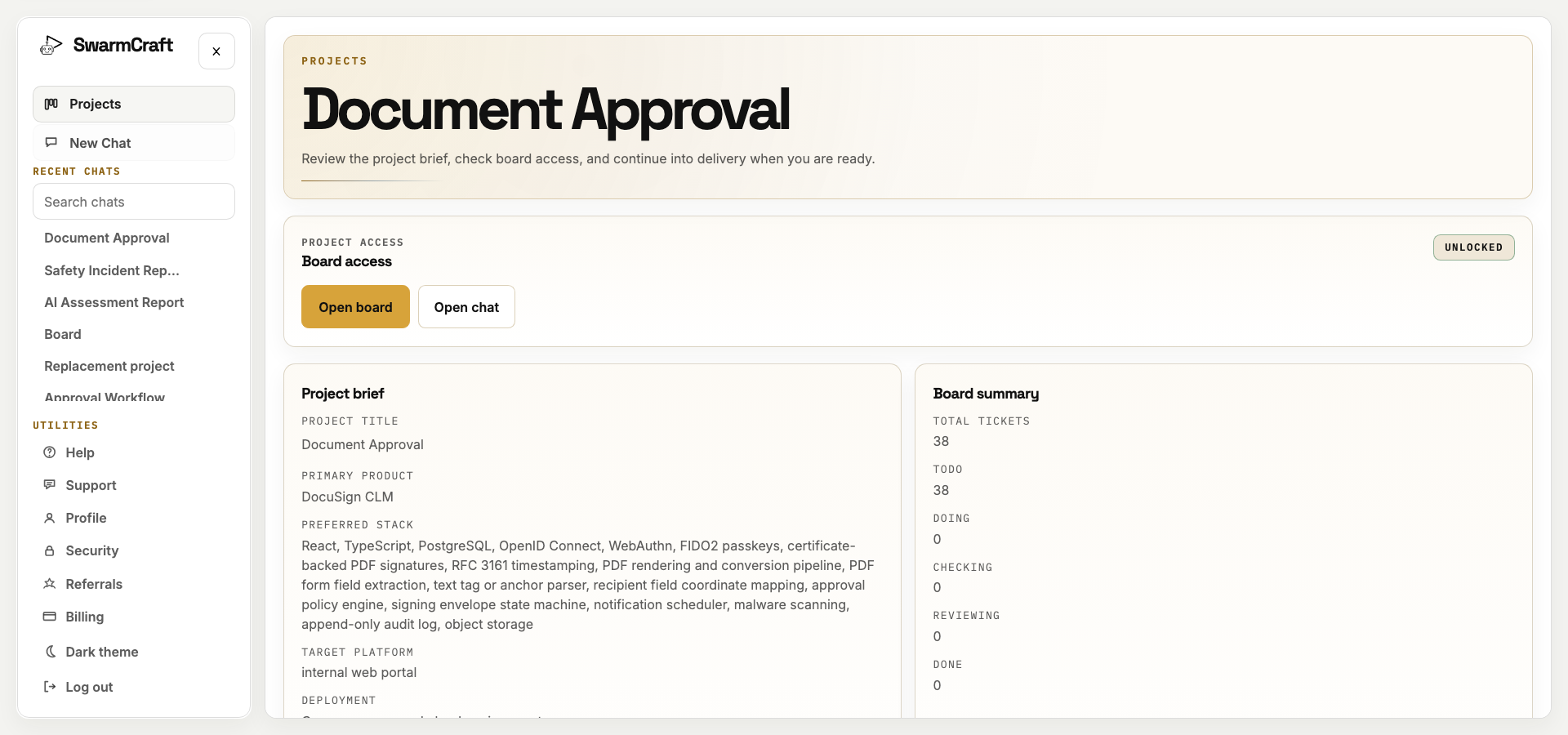 SwarmCraft project setup screen for the Week 05 document approval workflow build