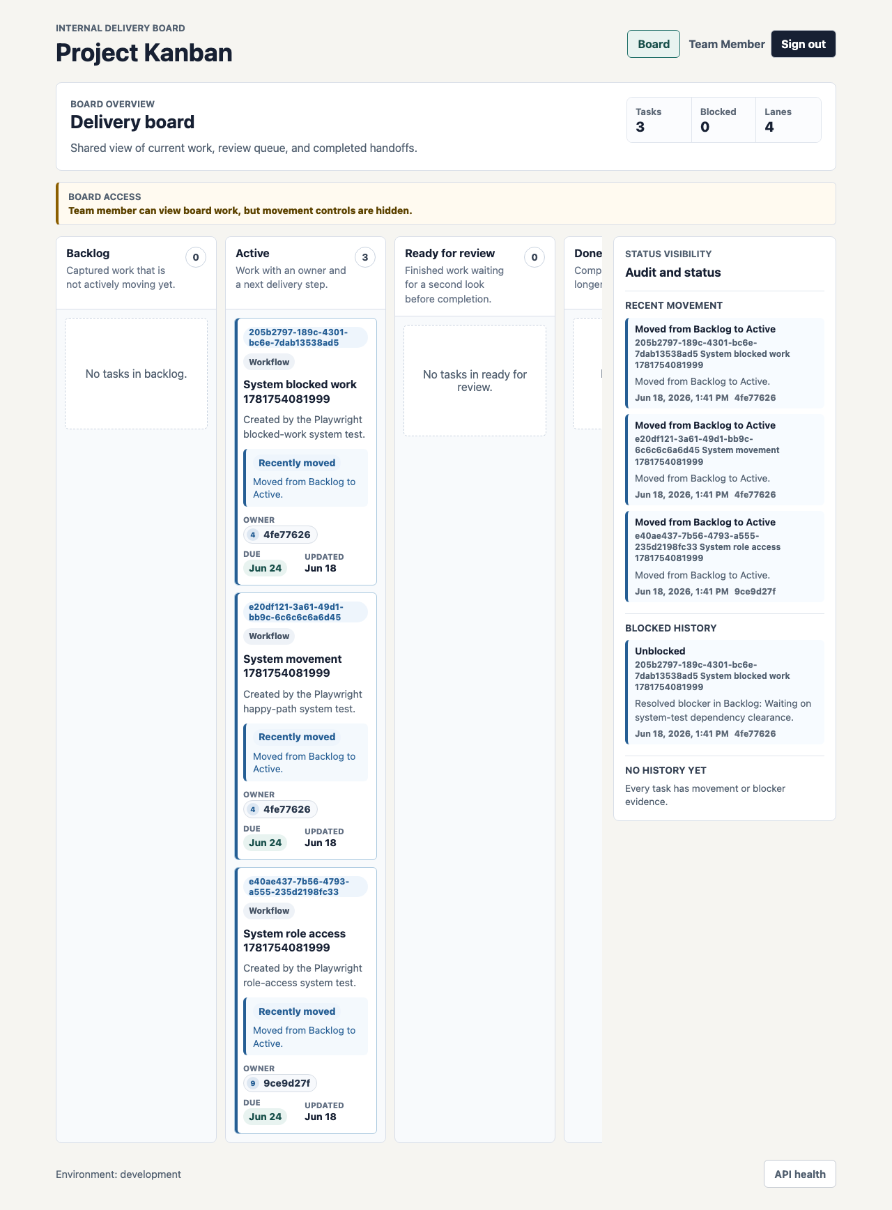 Project Kanban board shown to a team member with board movement controls hidden by role-based access