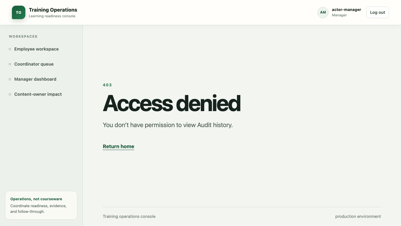 Access denied screen proving that a manager cannot open compliance audit history
