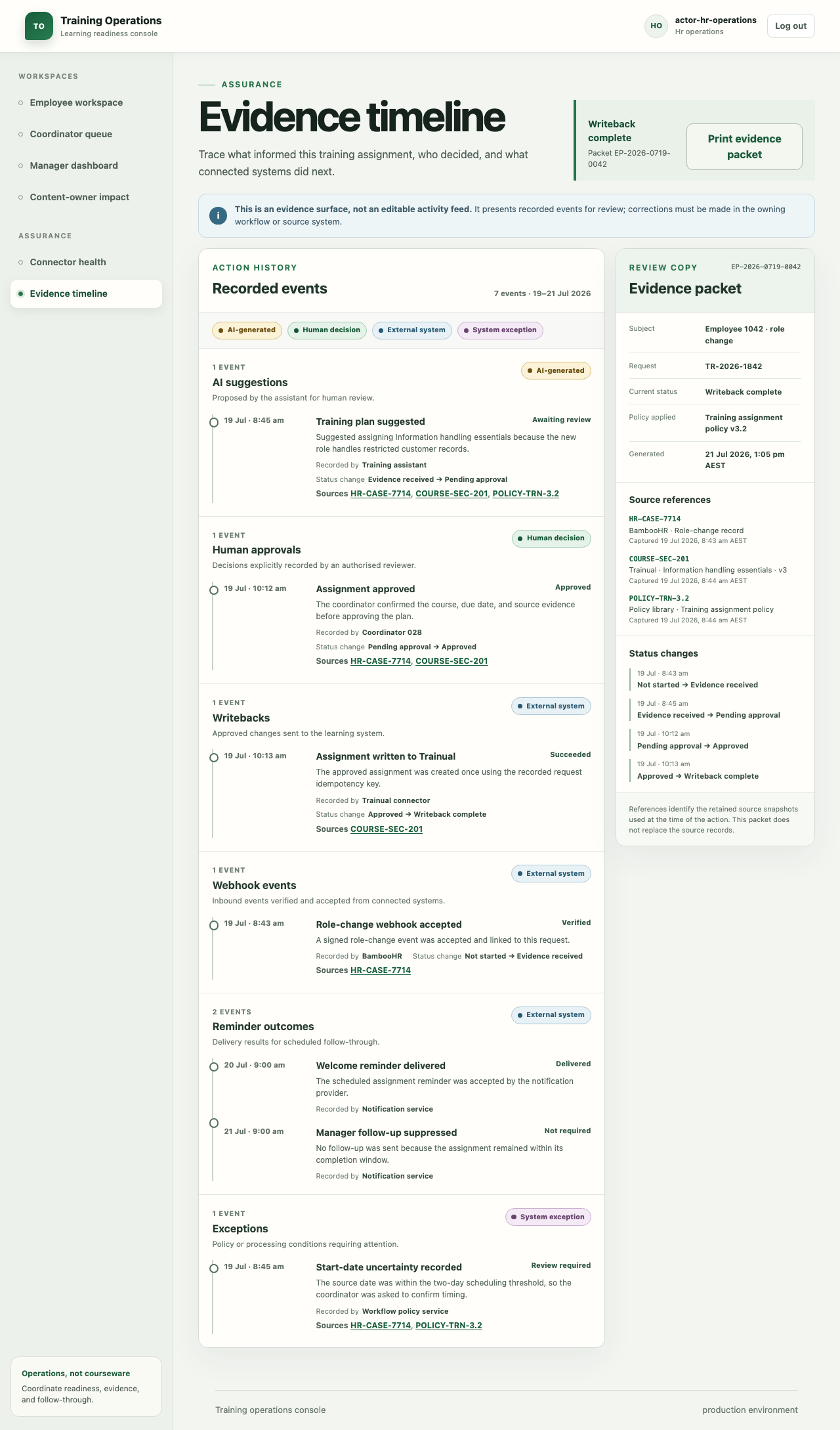 Employee training evidence packet showing source references, policy, provenance labels, writeback outcome, exceptions, and chronological status changes