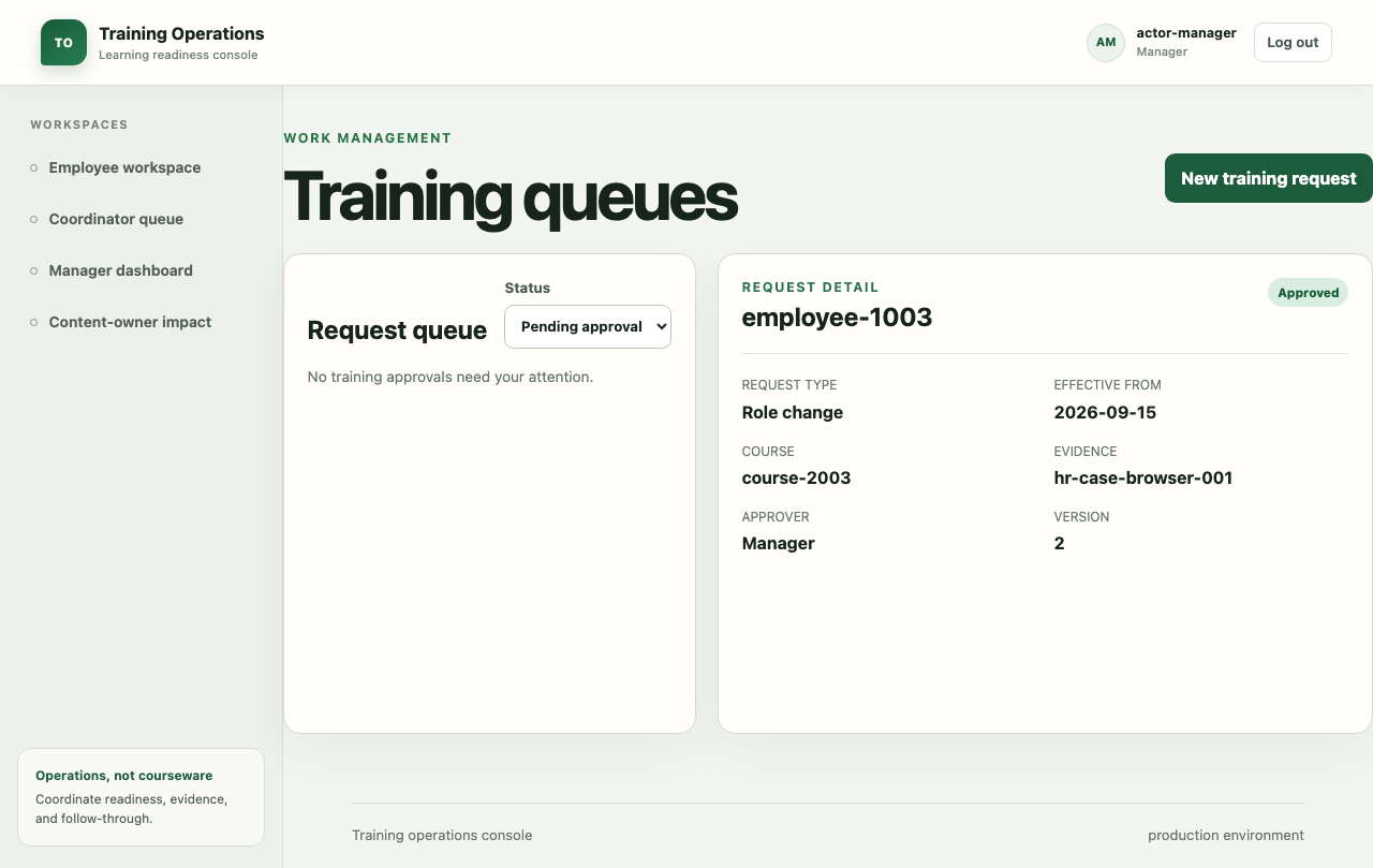 Approved employee training request showing the human decision and retained workflow state