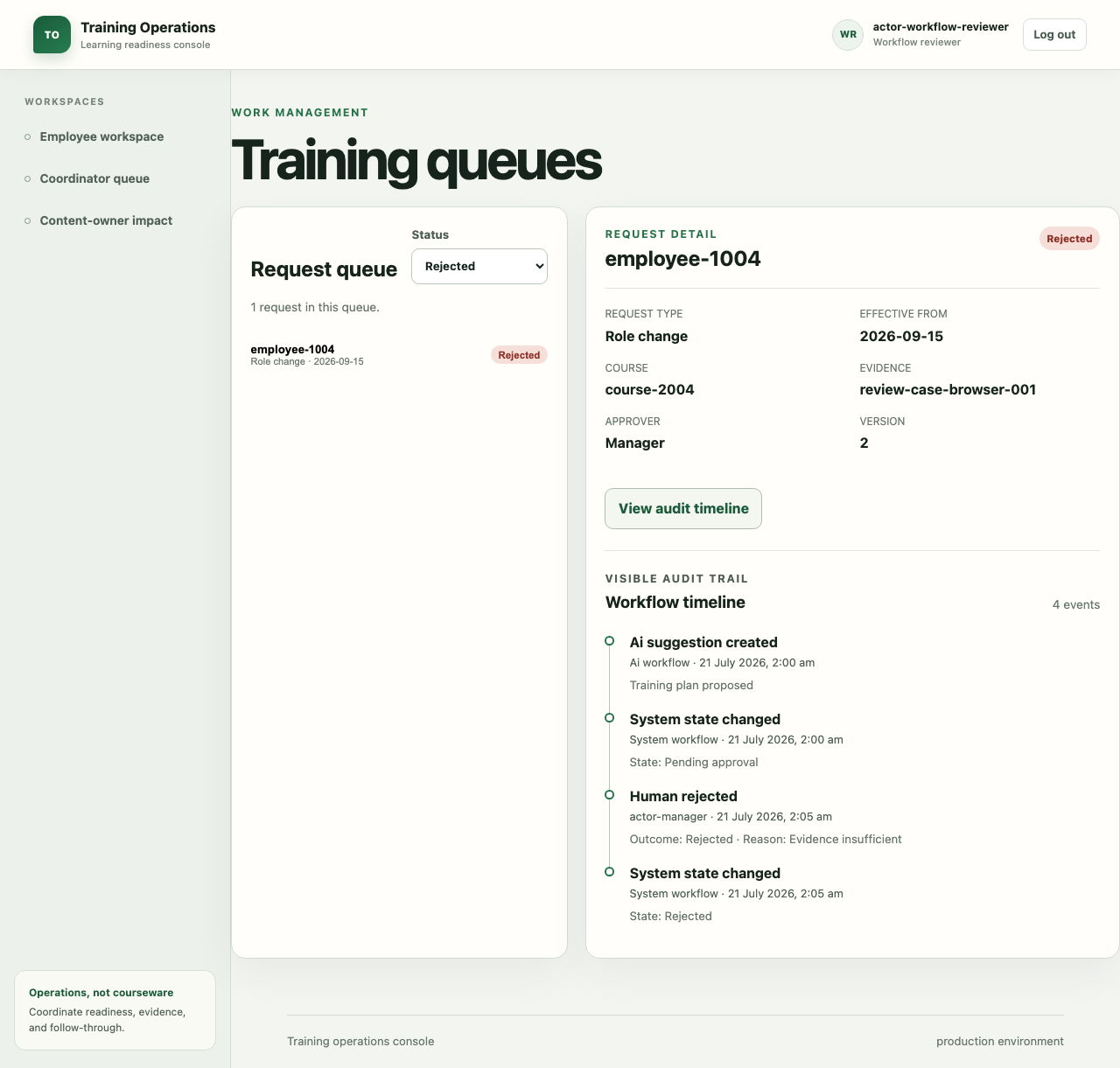 Rejected employee training request showing the rejection reason, prior state, and read-only decision history