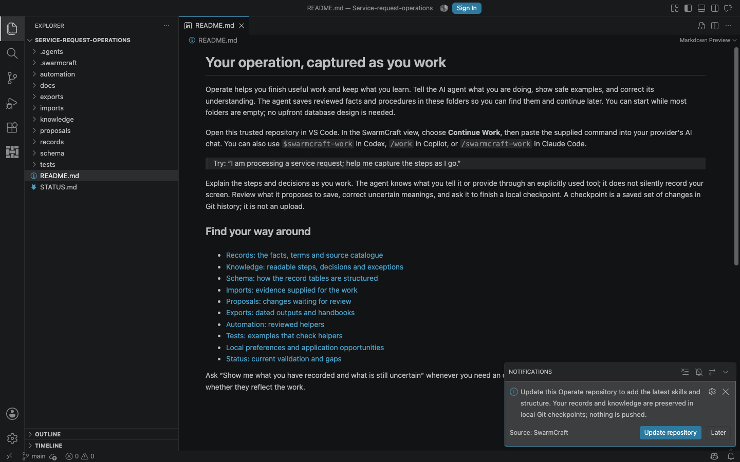Operate offers Update repository or Later for an existing repository