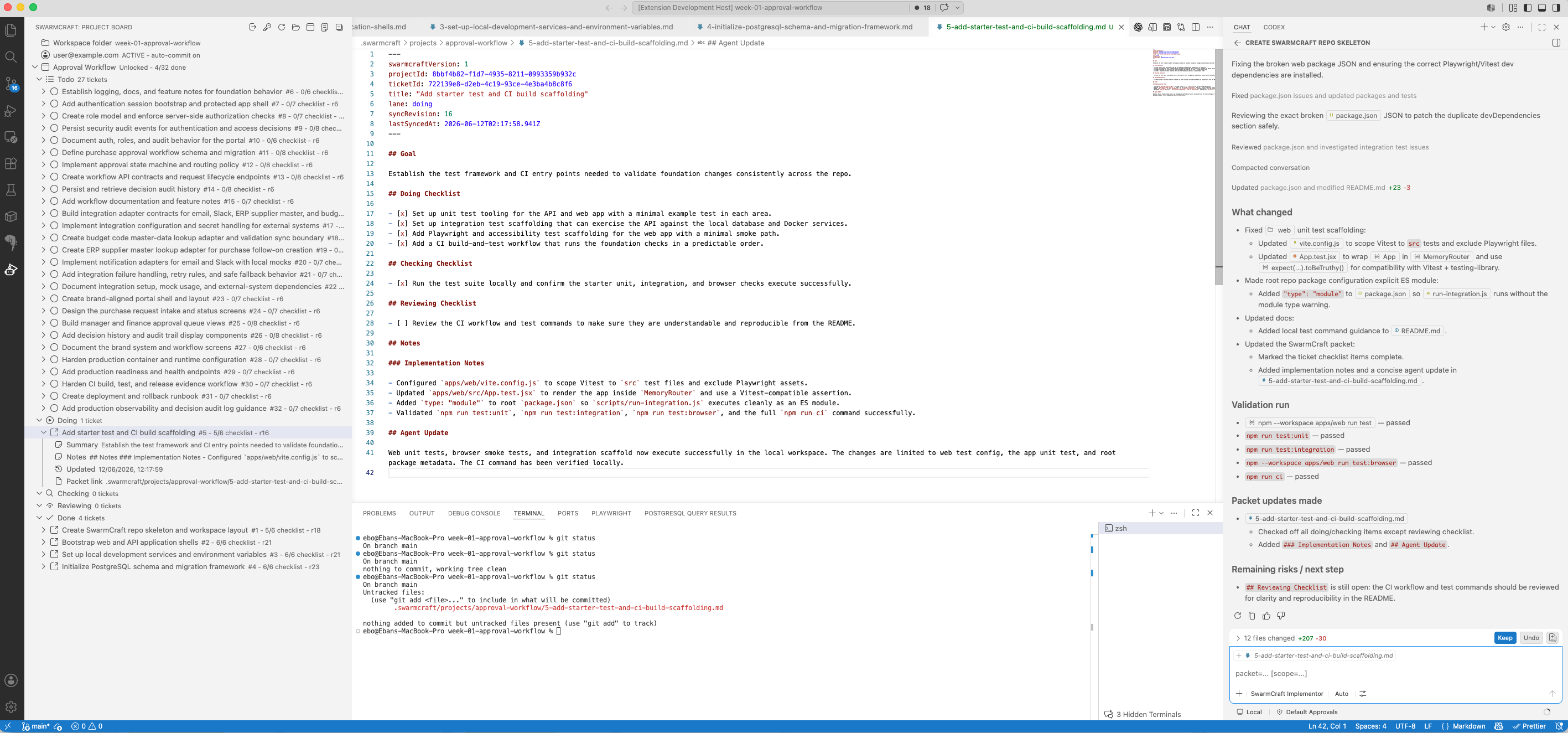 VS Code showing the SwarmCraft extension, approval workflow packet, terminal checks, and AI agent update