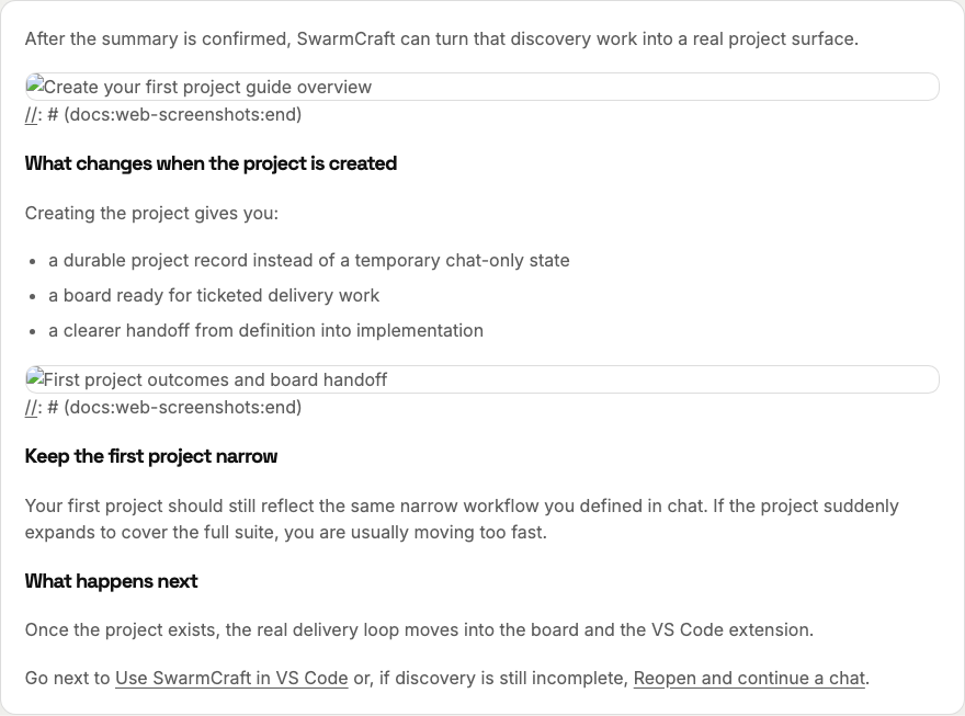 First project outcomes and board handoff
