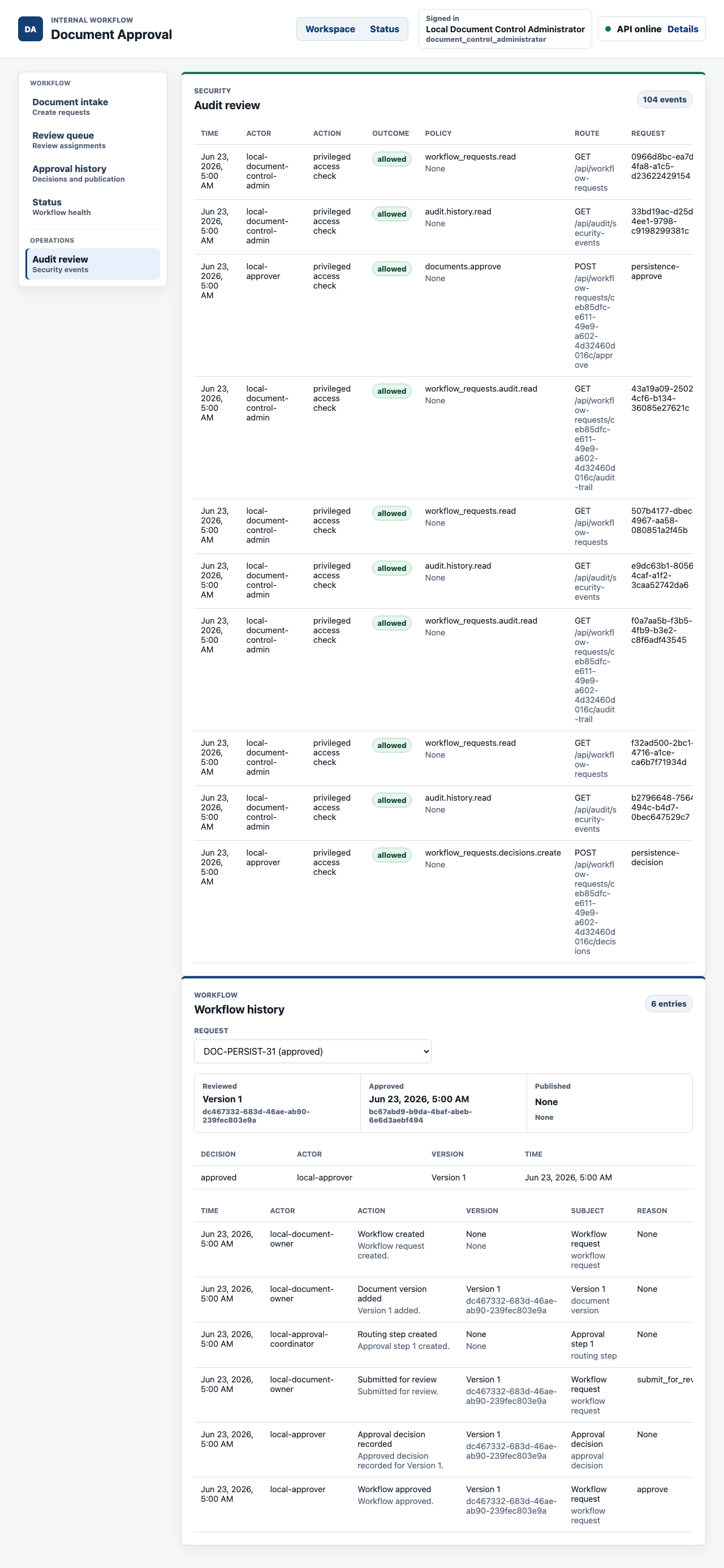 Workflow history after reload showing API-persisted approved workflow state, decision timeline, and audit trail for the reviewed document version